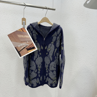 马海毛双拉链头连帽开衫