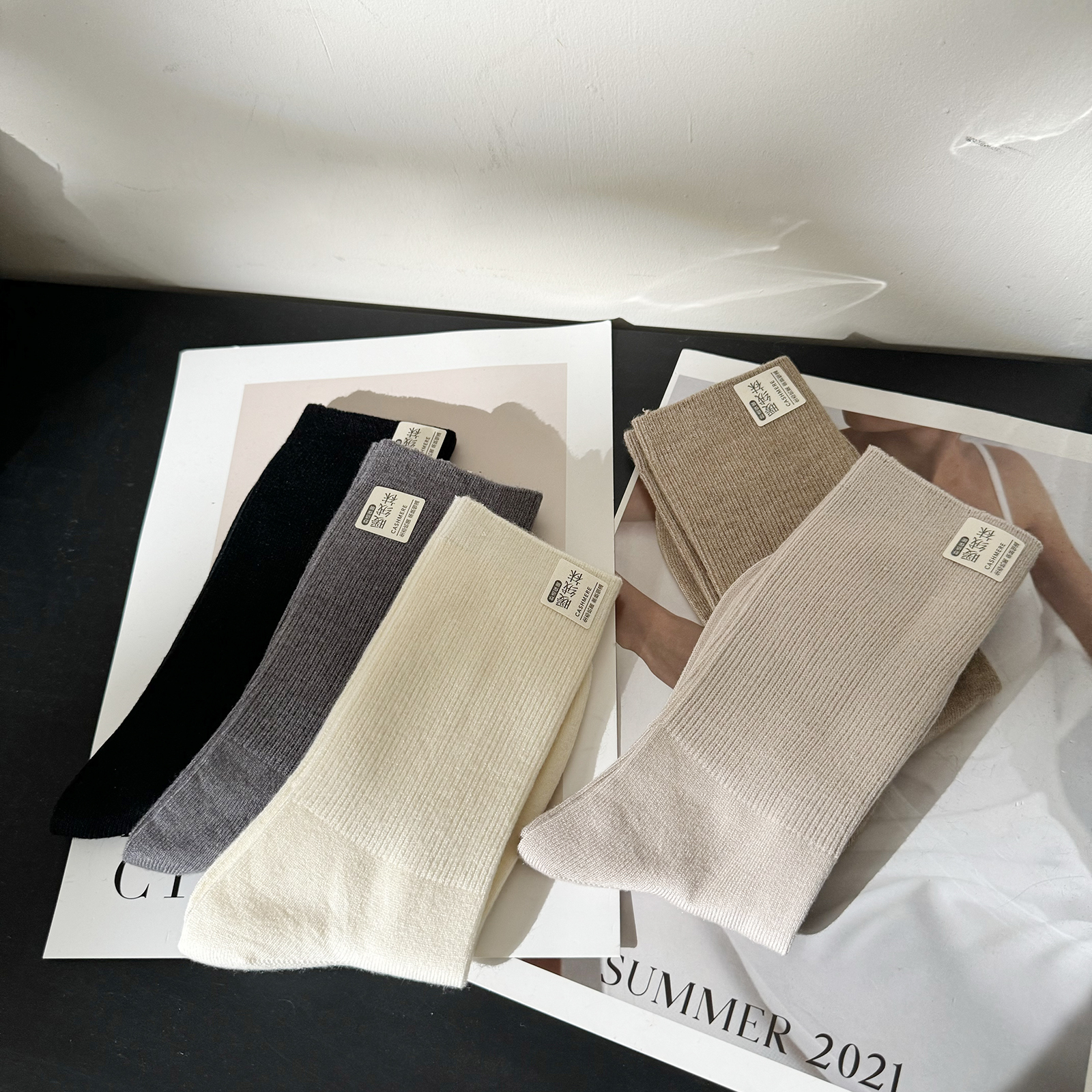 双针高品质女士羊绒堆堆袜