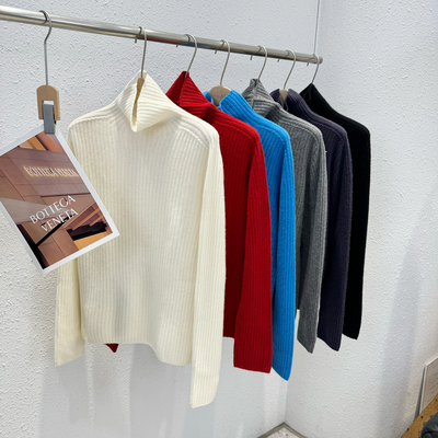 无缝高支全羊毛高领坑条打底衫