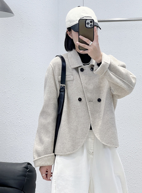 1.20 福利 XIA-88066韩版高定100绵羊毛双排扣翻领短款双面大衣