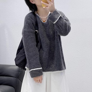 撞色提花V领圈圈全羊毛衫 12.10 8092韩版 福利