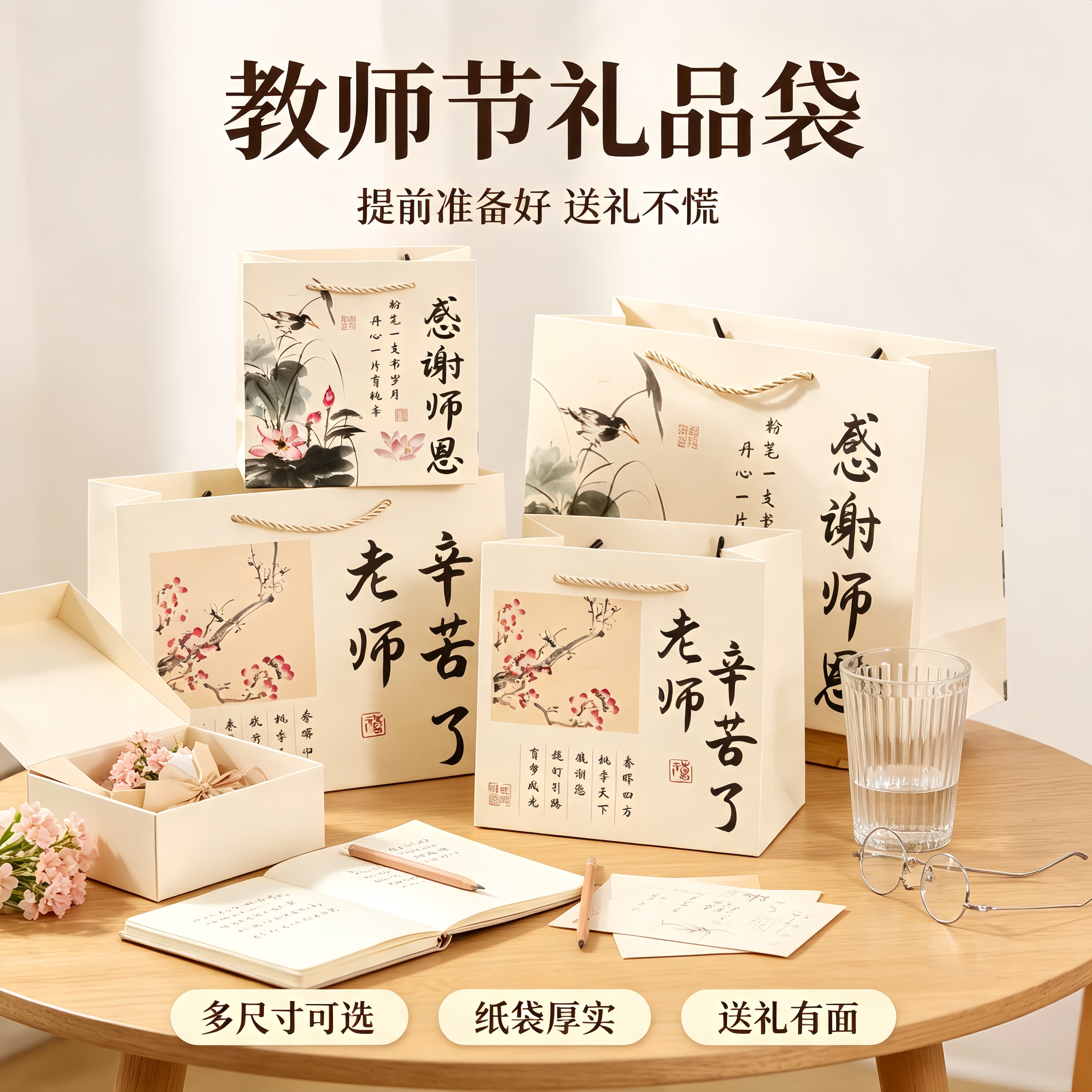 教师节礼品袋国风书法感谢师恩手提袋送老师桃李荷花书画礼物纸袋