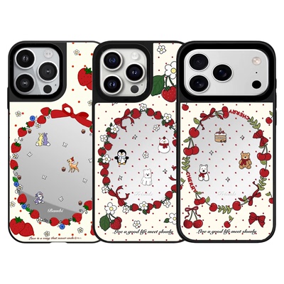 明星同款樱桃波点花环小熊适用于苹果镜面磁吸手机壳iPhone17Air防摔16ProMax高级感15/14/13/12系列保护套