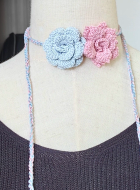 【浅粉浅蓝一对】蓝色梦幻双玫瑰手工配饰项链可拆解佩戴necklace