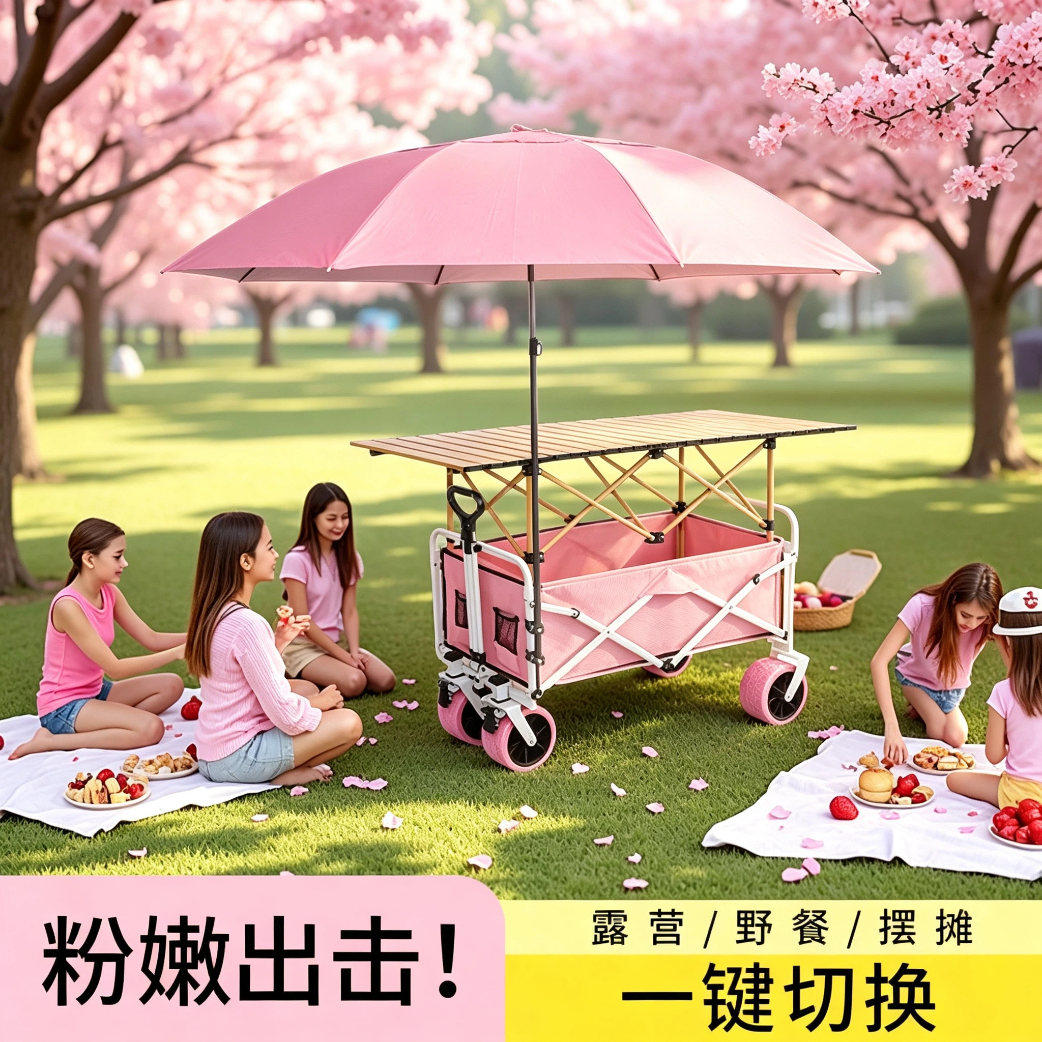 粉色露营车折叠摆摊小推车取快递便携野餐营地车户外露营摆摊必备