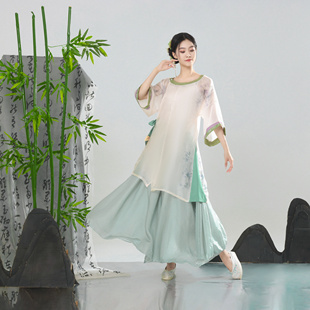 九霄原创【清欢】圆领衫舞蹈服古风印花大裙摆演出服日常练功服女