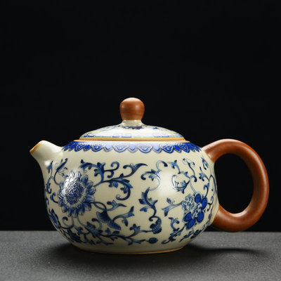 青花米黄汝窑功夫茶具套装家用泡茶壶高档茶杯冲茶盖碗陶瓷公道杯