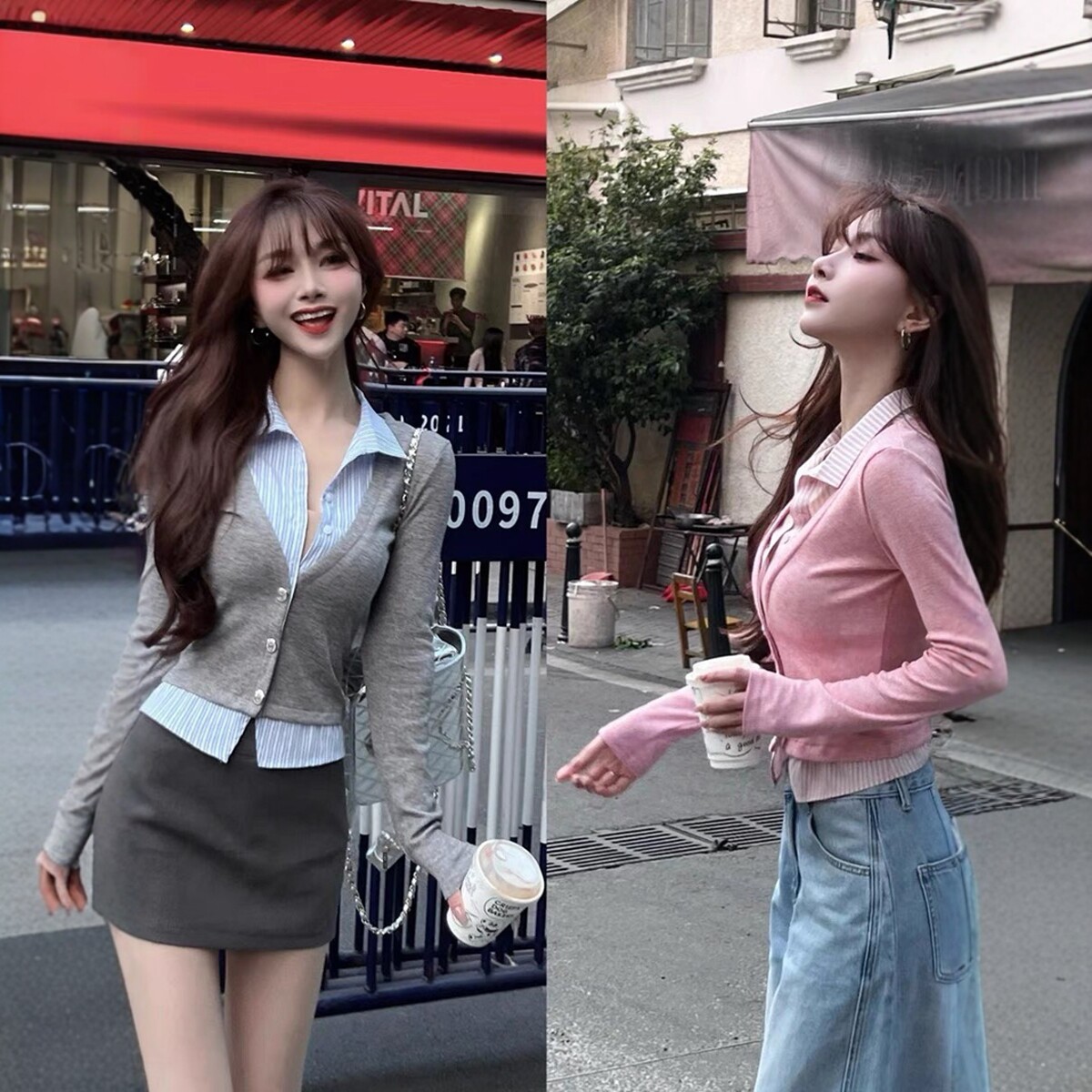 JUSTCC卡卡女装官方正品早春新款假两件气质衬衫拼接针织开衫上衣