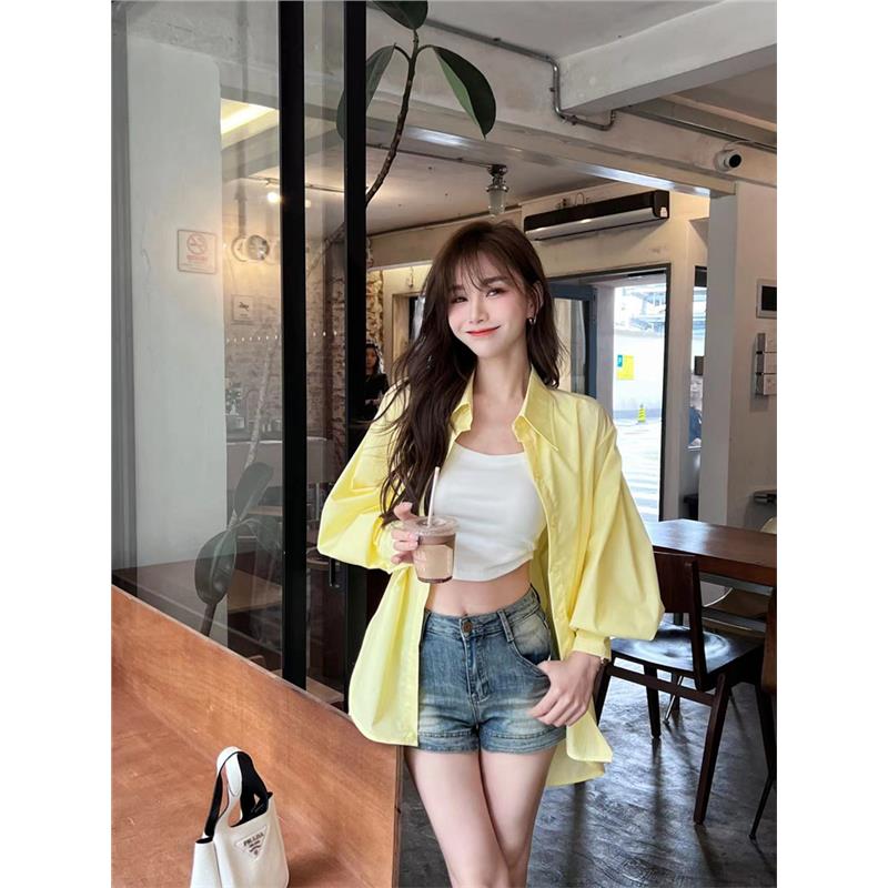 卡卡女装韩版夏季羊腿袖衬衫女宽松显瘦百搭防晒衬衣
