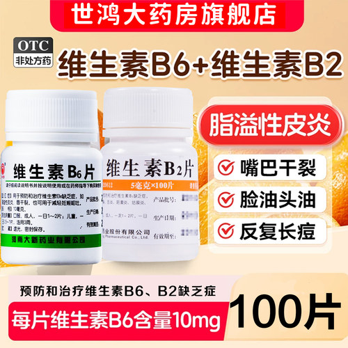 川石维生素B6、B2片100片脂溢性皮炎维生素b族嘴巴干裂vb6XX