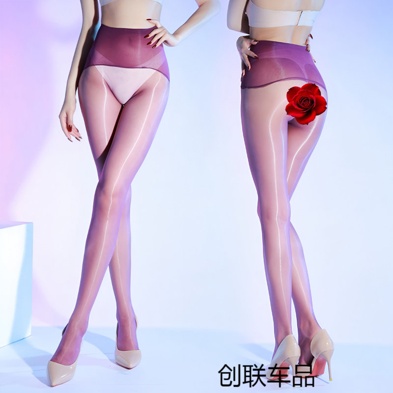 巨峰葡萄紫极光丝袜超薄丝滑油亮透明无缝裆性感开裆黑丝袜男女款