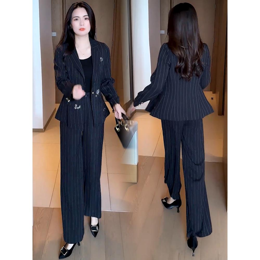 JOYIASS时尚条纹西装套装女2025秋季新款洋气时髦西服外套阔腿裤