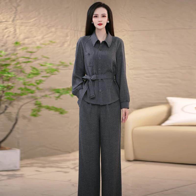 JOYIASS时尚套装女2025秋季新款洋气显瘦系带收腰衬衫上衣阔腿裤
