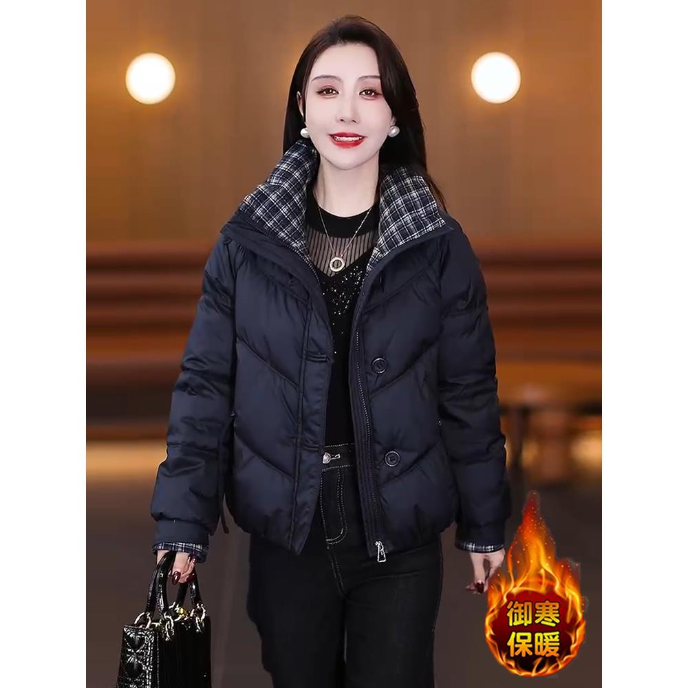 JOYIASS时尚立领服女2025冬季新款洋气格子拼接加厚保暖衣短外套