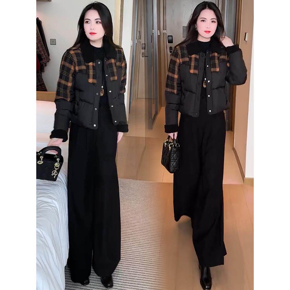 JOYIASS洋气格子拼接服女2025冬季新款宽松显瘦时尚保暖小袄外套