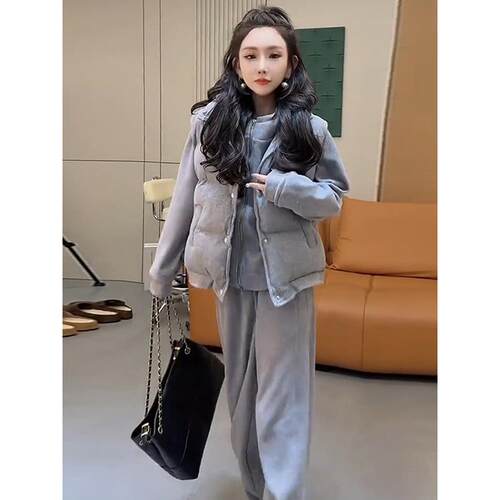 JOYIASS时尚休闲套装女冬季新款洋气显瘦加绒马甲连帽卫衣阔腿裤