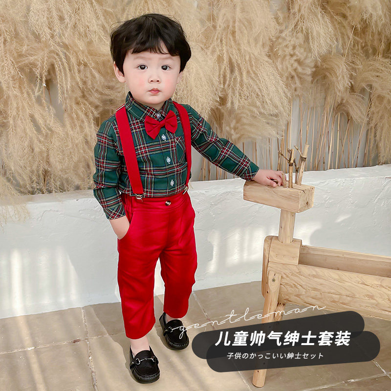 宝宝周岁礼服男春秋一岁婴儿背带裤英伦风格子衬衫套装花童礼服潮