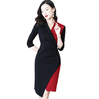 莫格莱尼法式撞色不规则连衣裙