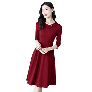 复古赫本风收腰连衣裙2026秋季新款女装气质名媛高端红色裙子春秋
