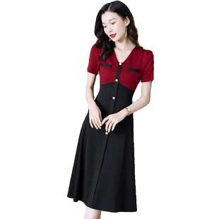 法式高端轻奢高级感连衣裙2026年新款女夏季气质显瘦v领拼接裙子