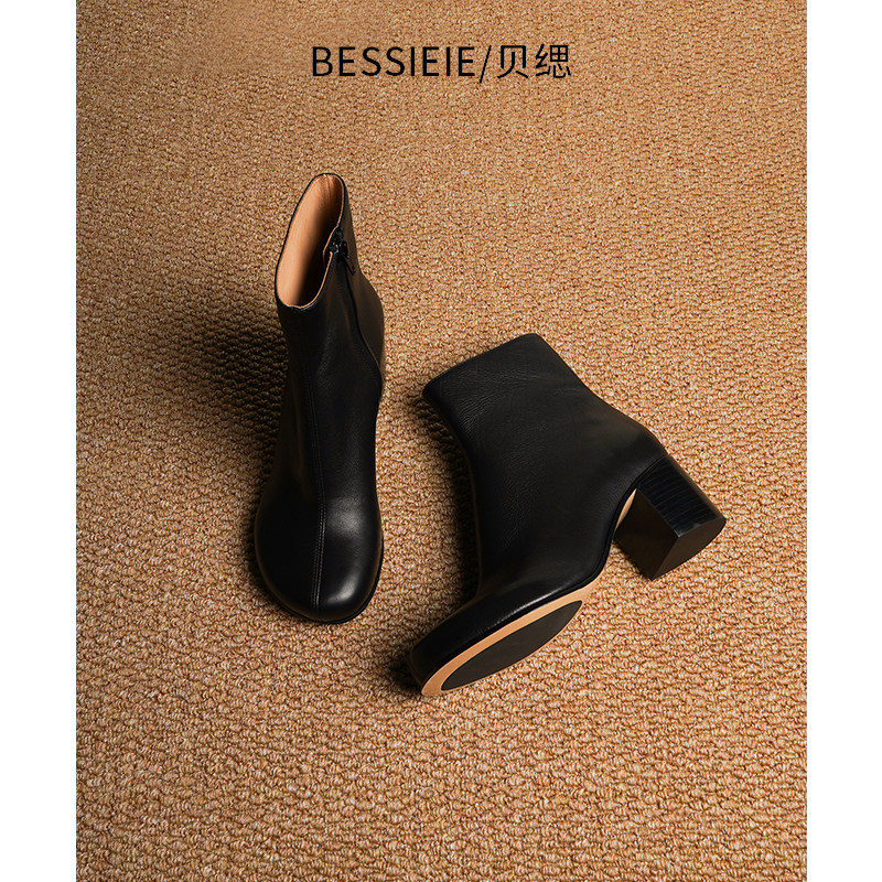 【新品】BESSIEIE/贝缌 英伦风短靴女粗跟冬季极简风中跟圆头复古