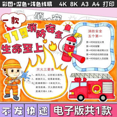 消防安全主题手抄报电子版模板预防火灾消防知识儿童画小报2059