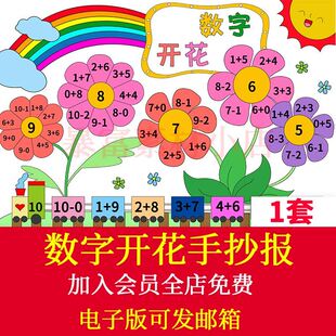 数字开花手抄报模板电子版小学生一年级数学小报黑白线稿涂色A4A3