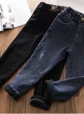 女童加绒牛仔裤秋冬儿童加厚一体绒弹力修身保暖中大童小脚休闲裤