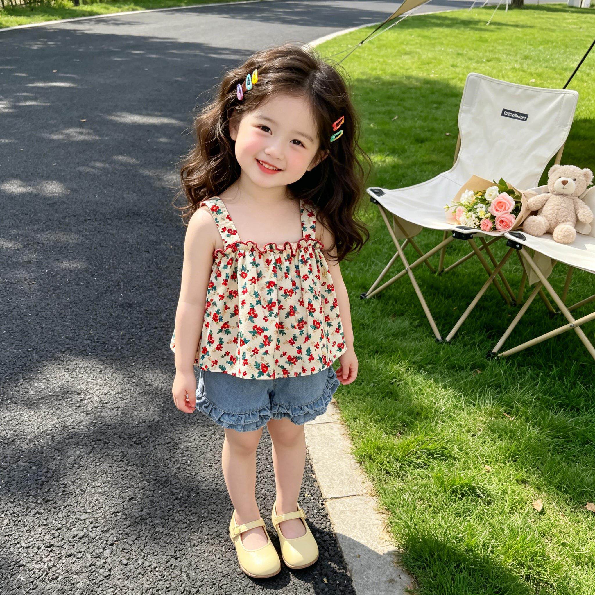 2026女童夏季格子吊带短裤套装