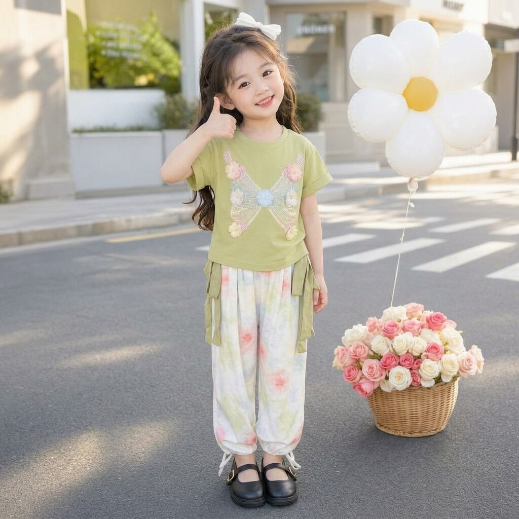 2026新款女童夏装蝴蝶结扎染短袖套装薄款灯笼裤套装时尚女孩套装
