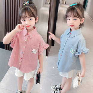 女童夏季 衬衫 方格香风刺绣亲子家幼儿园小学格子花边木耳边棉布网