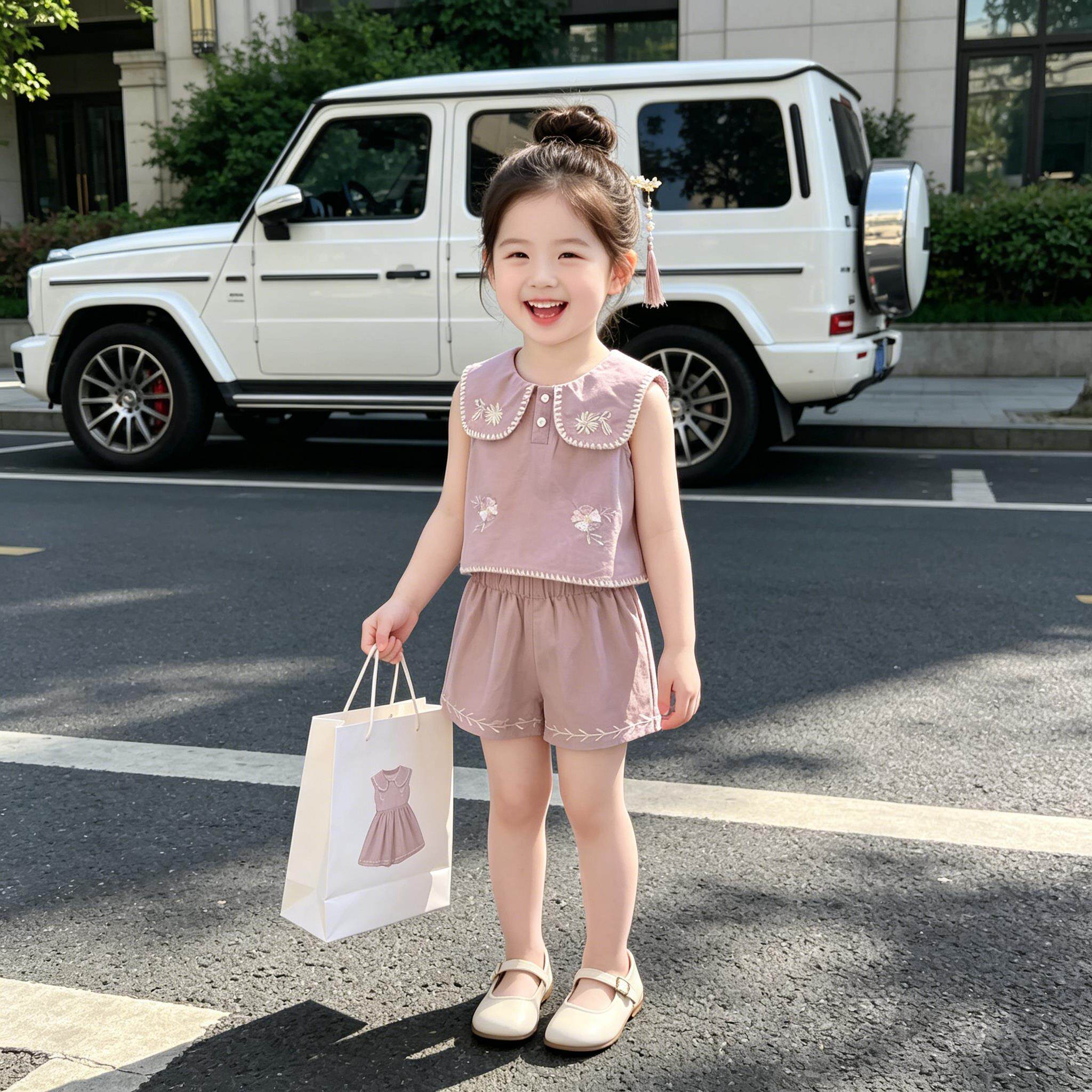 女童套装童装绣花无袖短裤两件套宝宝幼儿园洋气百搭时尚裤子夏装