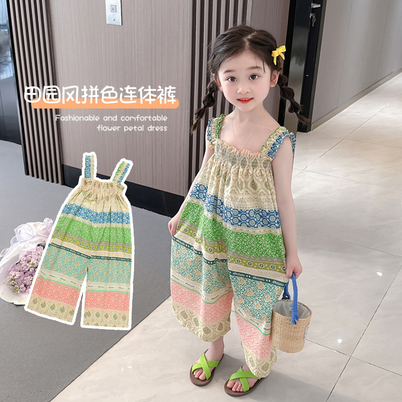 2025夏季新品韩版女宝宝洋气田园风休闲长裤夏天女孩拼色连体裤潮