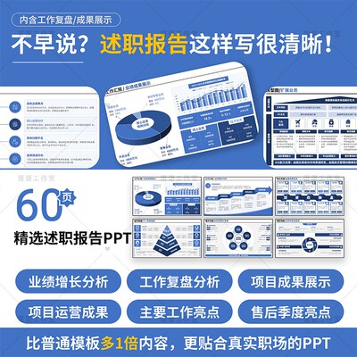述职报告PPT模板工作总结报简约蓝色高级感时间轴三四五六段分析