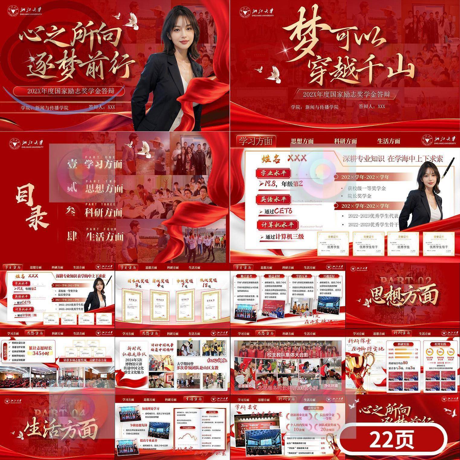 A4红色主题大气高级感大学生国家奖学金励志答辩述职汇报PPT模板