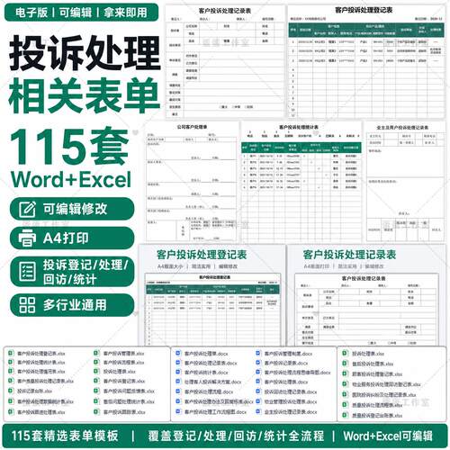客户投诉处理表Word Excel模板投诉登记记录售后问题反馈流程统计