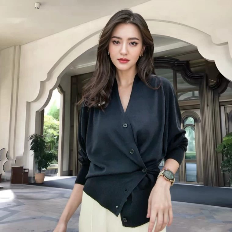 16针精纺桑蚕丝澳洲羊毛针织开衫空调衫女V领插肩袖舒适薄款外套图片