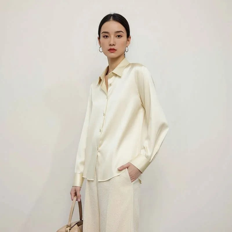 春季长袖缎面真丝衬衫女新款通勤桑蚕丝白色衬衣宽松轻奢气质上衣