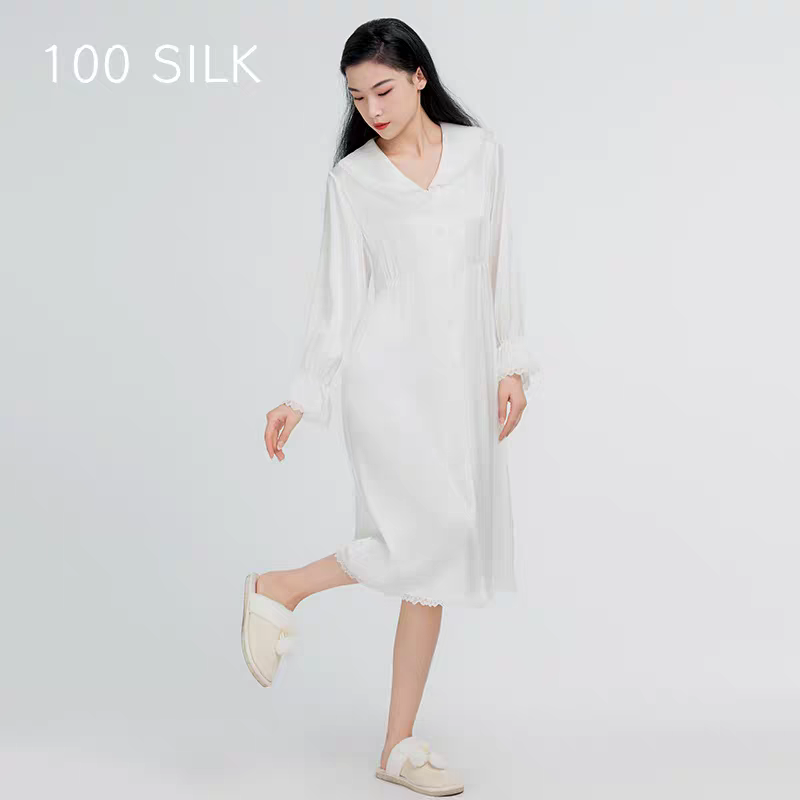 22姆米真丝睡裙蕾丝拼接100%桑蚕丝长款睡袍丝绸高级感家居服睡衣