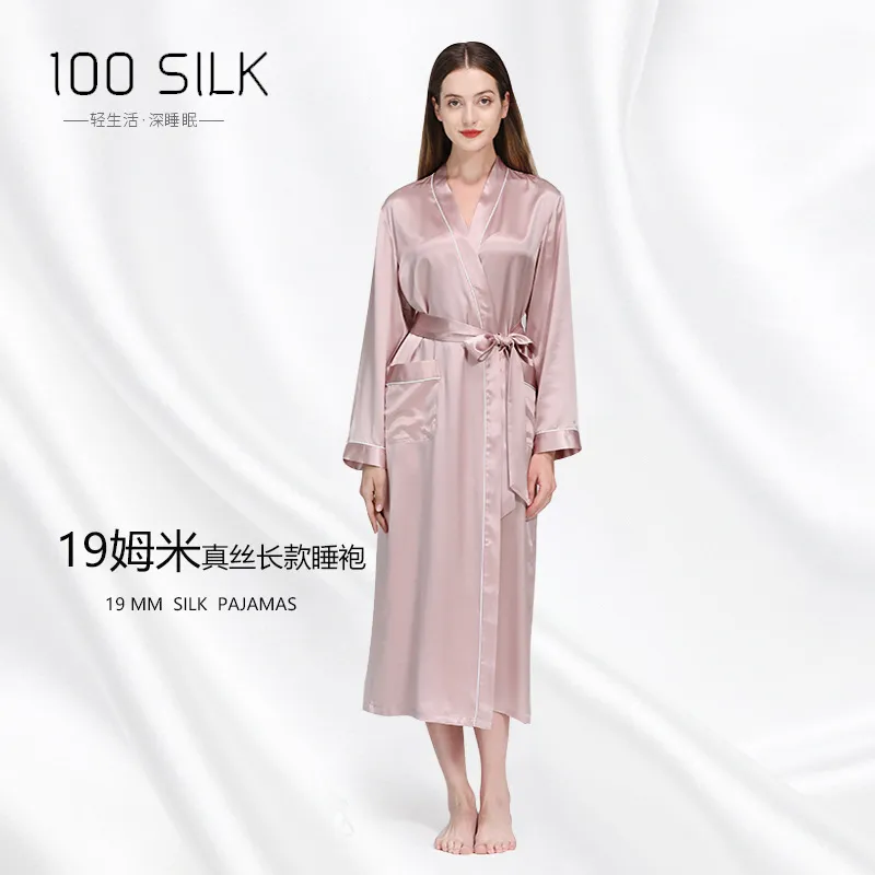跨境新品真丝睡袍翻领长款晨袍睡衣女士性感浴袍100%桑蚕丝家居服