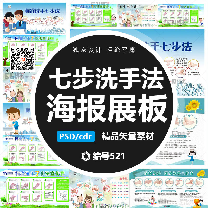 抵抗疫情医院标准七步洗手法宣传栏展板模板PSD文件CDR源文件 商务/设计服务 设计素材/源文件 原图主图