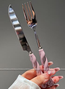 藤蔓紫色陶瓷手柄304不锈钢西餐刀叉轻奢家用牛排刀带齿意面叉子