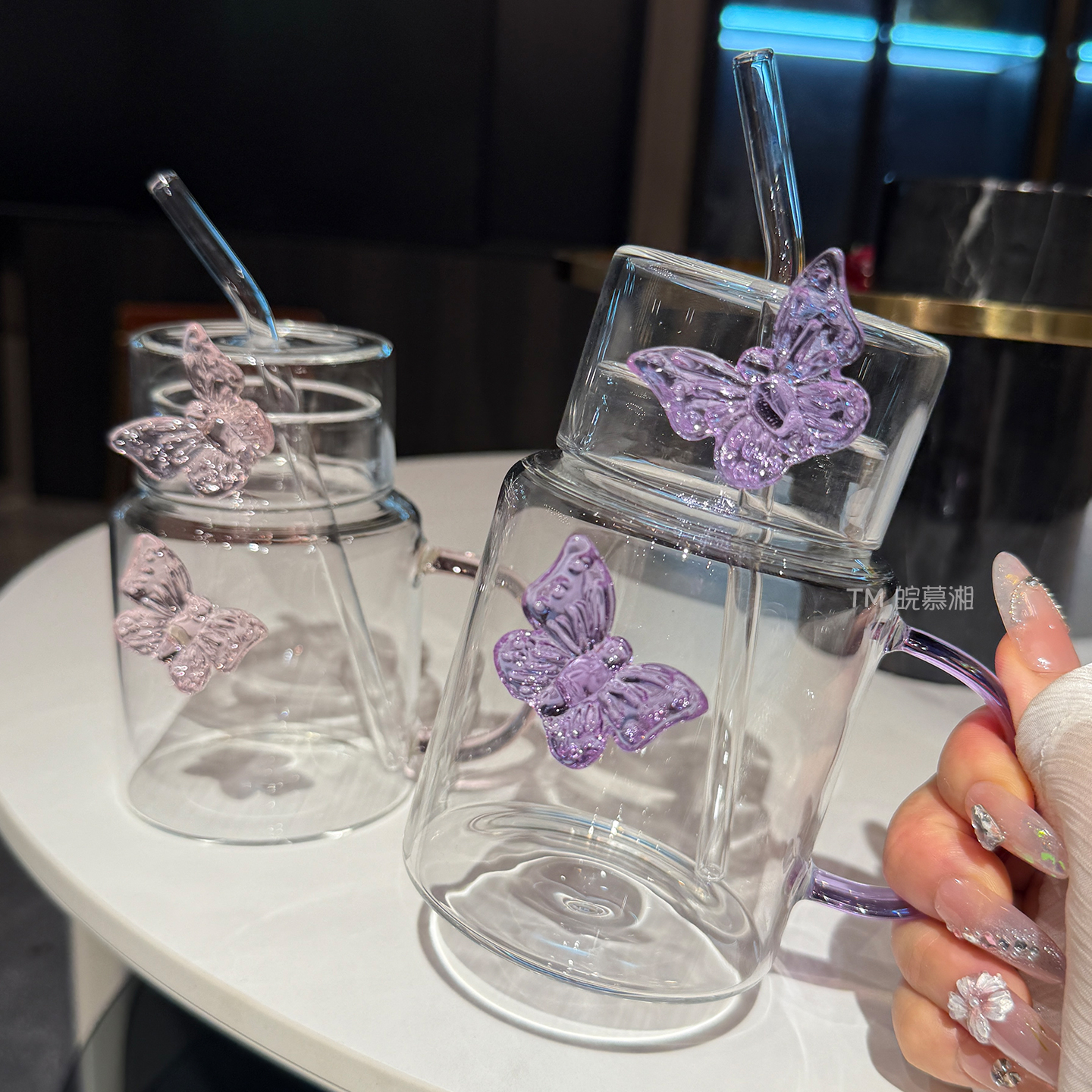 紫色蝴蝶结吸管玻璃杯带把手高颜值喝水杯女生办公室咖啡杯牛奶杯