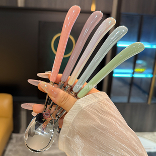 高颜值彩色弯柄304不锈钢勺子家用饭勺甜品勺雪糕勺西餐餐具套装