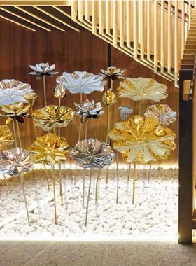 不锈钢荷花落地雕塑摆件户外酒店水池水景铁艺荷叶金属中式装饰品