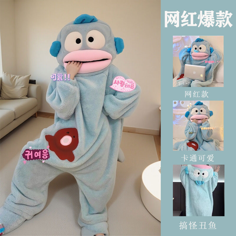 丑鱼连体睡衣小丑鱼连身睡衣女珊瑚绒加厚大尺码保暖秋冬季卡通大