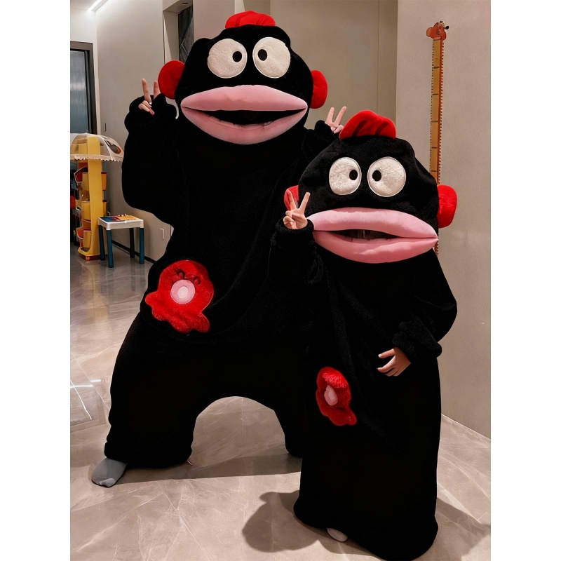 黑色丑鱼连体睡衣女冬季珊瑚绒卡通可爱搞怪睡袍大嘴鱼一体式男款