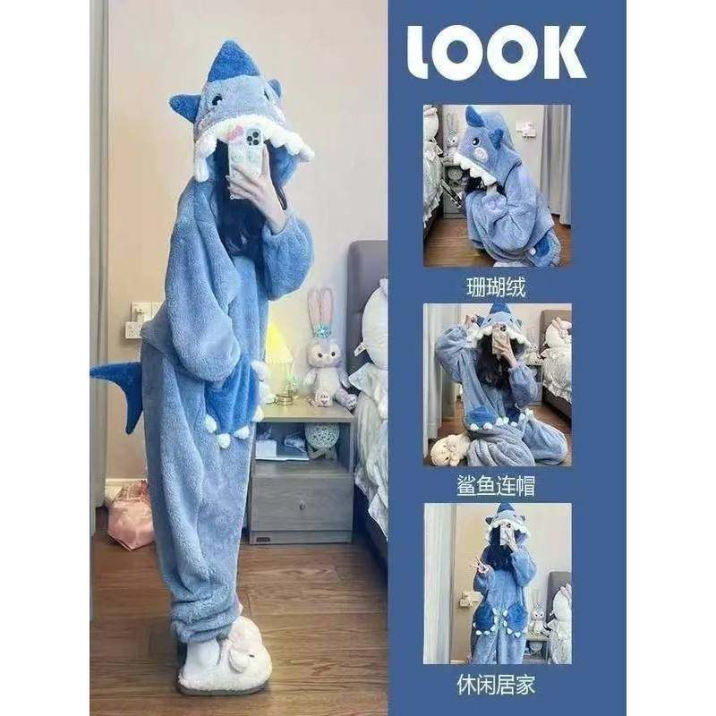 可爱小鲨鱼珊瑚绒连体睡衣女冬款网红风新款加绒加厚一体式家居服