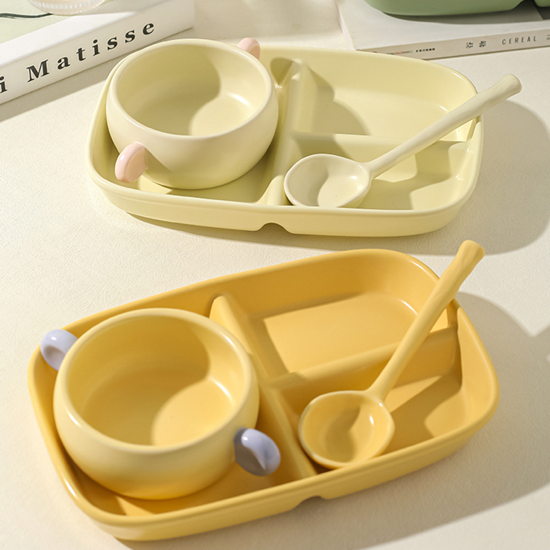 一人食漂亮餐具高颜值奶油色陶瓷分餐盘双耳炖盅套装家用儿童一人