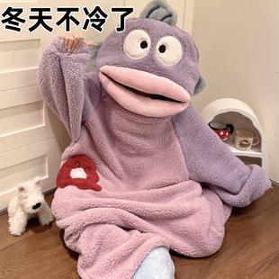 丑鱼连体睡衣珊瑚绒女款冬季情侣睡袍男款加厚加大码搞怪儿童睡裙